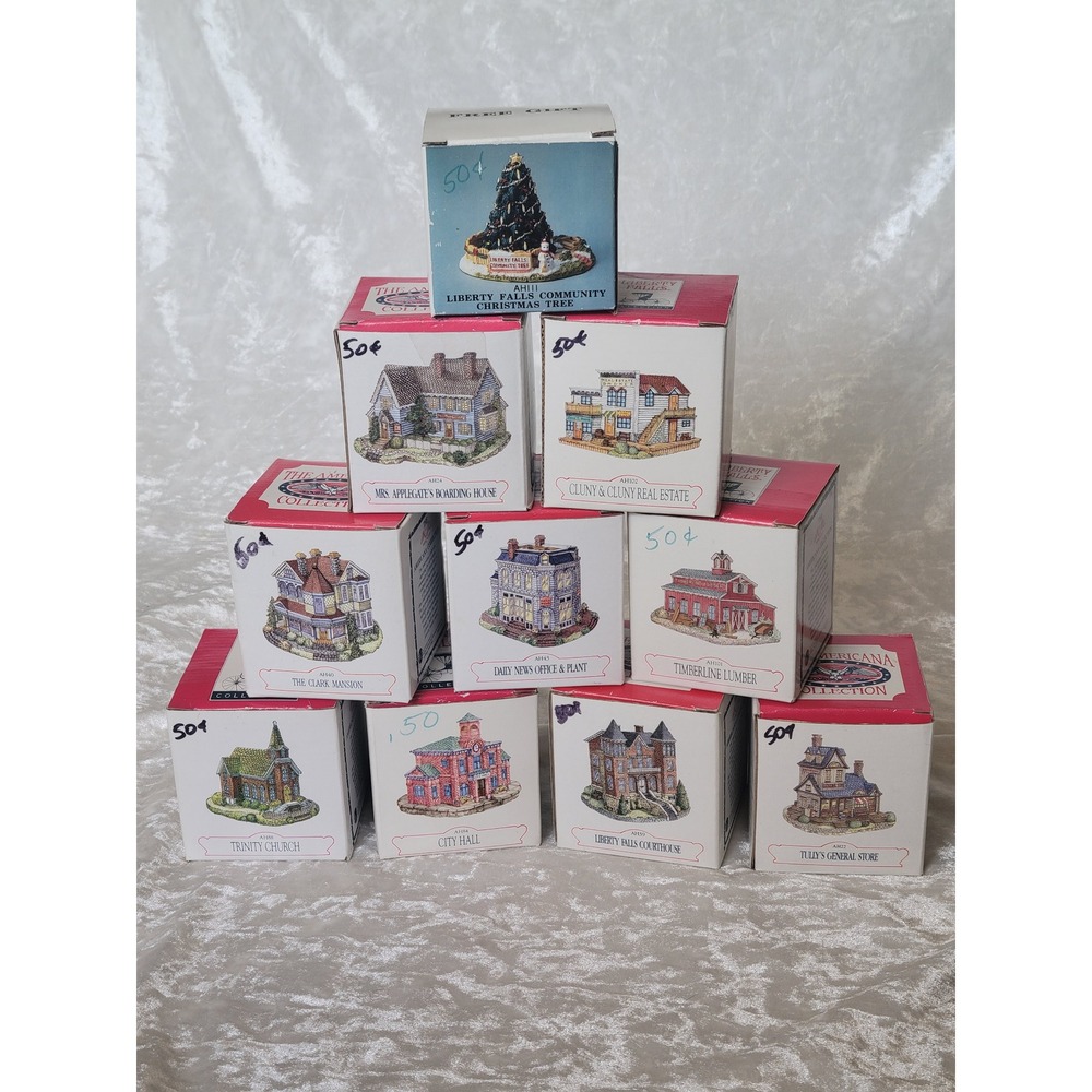 Vtg Liberty Falls Americana Collection 10 Piece Miniature Village Lot Boxed